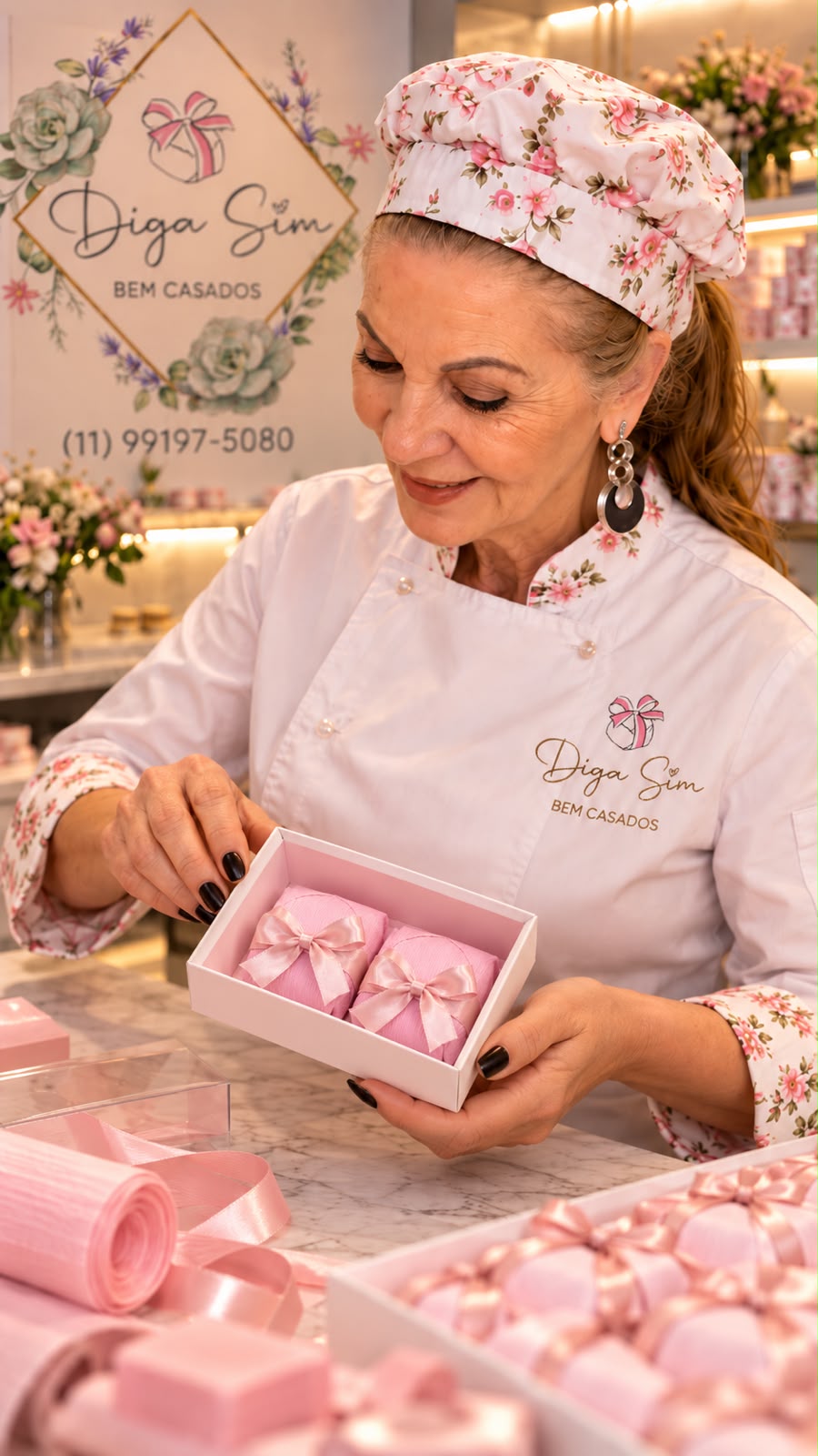 Ana, confeiteira da Diga Sim Bem Casados, segurando uma caixa de bem casados embalados em rosa claro